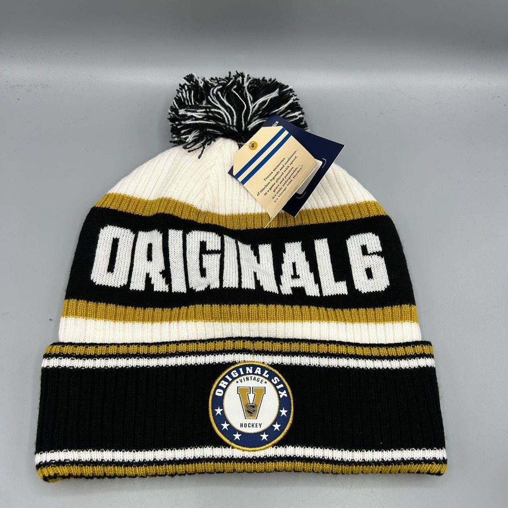 NHL Originals Six Hat Men Black Yellow Fanatics Cuffed Beanie Pom Pom Cap New